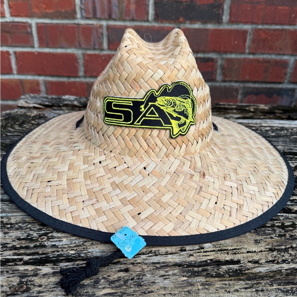 NWT SA Fishing Hand Woven Natural Straw Sun Hat w/ Black Trim Adjustable Chord